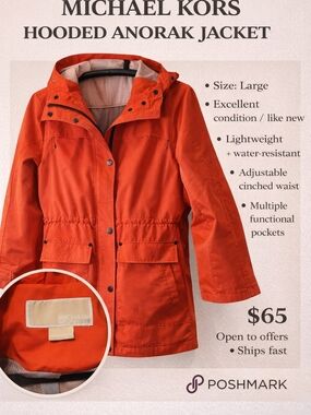 Michael Kors Hooded Anorak Jacket Orange Size Large Lightweight Utility Jacket